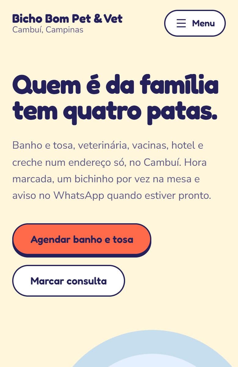Topo do modelo Pet shop e veterinária na tela de um celular